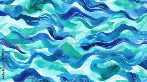 Abstract watercolor wave pattern in blues and greens.