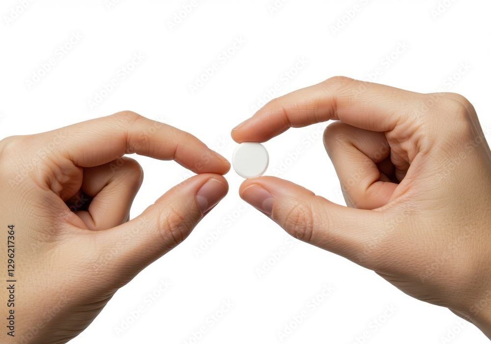 hand holding small object, fingers pinching, white pill or tablet, medical treatment, pharmaceutical, drug administration, close-up shot hand holding small object, fingers pinching, white pill or tablet, medical treatment, pharmaceutical, drug administration, close-up shot