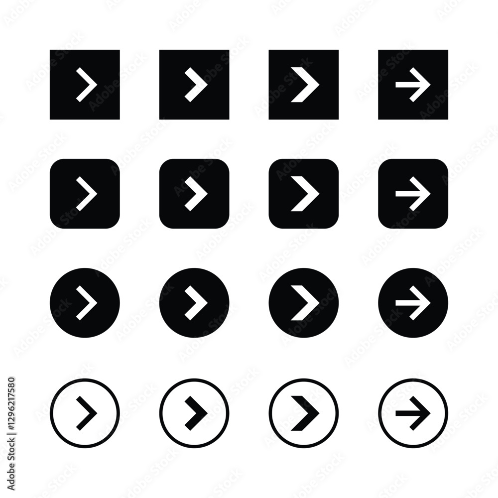 Minimalist arrow icons, black and white design,
directional symbols, user interface elements,
geometric shapes, right-pointing arrows,
navigation buttons, clean vector graphics,
‘square and circular. Minimalist arrow icons, black and white design,
directional symbols, user interface elements,
geometric shapes, right-pointing arrows,
navigation buttons, clean vector graphics,
‘square and circular.