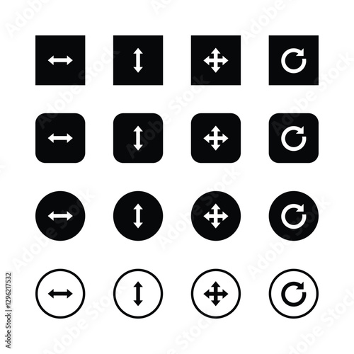 Minimalist icon set, directional arrows, move
‘symbols, resize indicators, refresh icon, black
and white design, simple geometric shapes,
user interface elements, square circular
rounded icons, clean.
