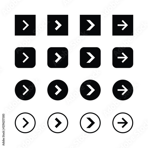 Minimalist arrow icons, black and white design,
directional symbols, user interface elements,
geometric shapes, right-pointing arrows,
navigation buttons, clean vector graphics,
‘square and circular.