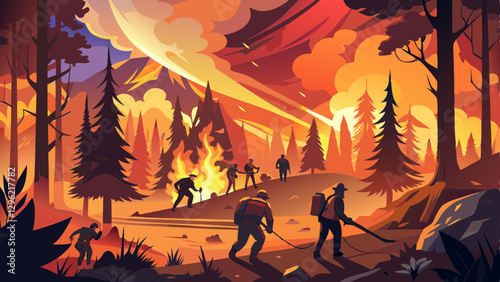 A scene of firefighters battling a large forest fire on a mountain, with their equipment silhouetted against the intense flames and smoke that are engulfing the surrounding trees and 