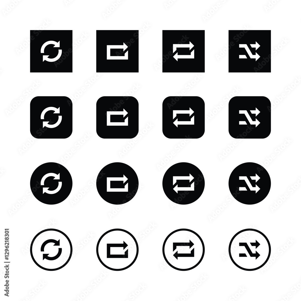 Icon set, arrow symbols, minimalist design,
black and white, geometric shapes, refresh
icon, share icon, reply icon, shuffle icon, square
icons, rounded icons, circular icons, user
interface elements, Icon set, arrow symbols, minimalist design,
black and white, geometric shapes, refresh
icon, share icon, reply icon, shuffle icon, square
icons, rounded icons, circular icons, user
interface elements,