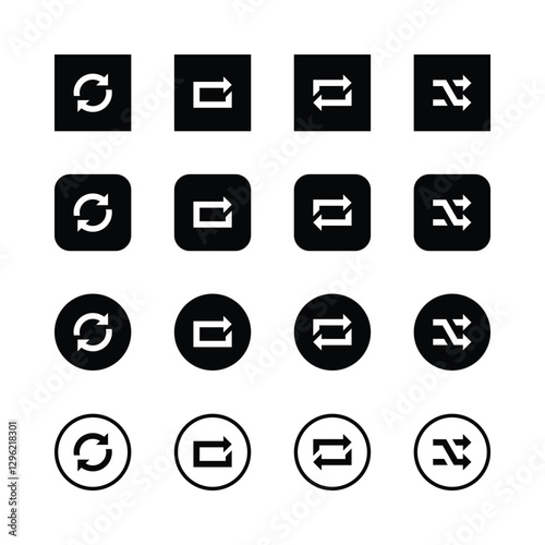 Icon set, arrow symbols, minimalist design,
black and white, geometric shapes, refresh
icon, share icon, reply icon, shuffle icon, square
icons, rounded icons, circular icons, user
interface elements,