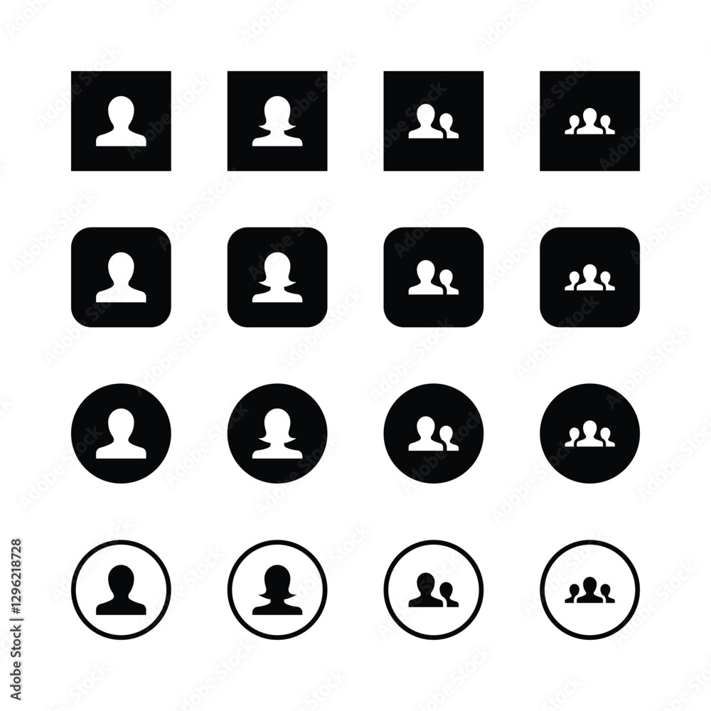 User icons, profile avatars, silhouettes,
minimalist design, black and white, geometric.
shapes, square icons, circular icons, single
person, couple, group, social media symbols,
clean lines. User icons, profile avatars, silhouettes,
minimalist design, black and white, geometric.
shapes, square icons, circular icons, single
person, couple, group, social media symbols,
clean lines.