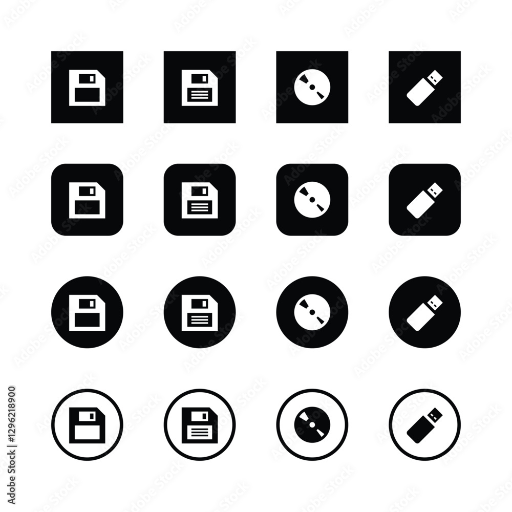 Minimalist computer icons, black and white,
floppy disk, CD, USB drive, save icon, data
storage symbols, simple geometric shapes,
clean design, high contrast, square format,
repeating pattem. Minimalist computer icons, black and white,
floppy disk, CD, USB drive, save icon, data
storage symbols, simple geometric shapes,
clean design, high contrast, square format,
repeating pattem.