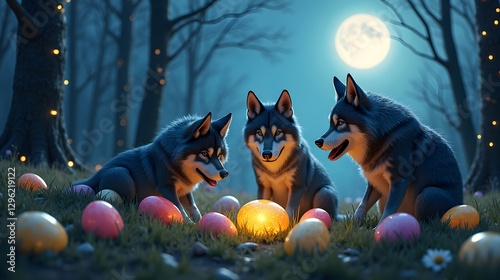 A pack of friendly wolves guarding a secret stash of shimmering Easter eggs under the full moon. photo