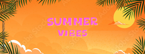 Summer Vibes background,Bold design Orange Sky, Cloud, Sun  with coconut palm tree border frame,Vector Cartoon Fantasy landscape for Travel Event, Holiday Vacation,Sale,Promotion banner