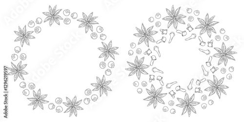 Hand drawn Star Anise, Allspices and Cloves Circular Frame border Spice Day Copy space Template idea