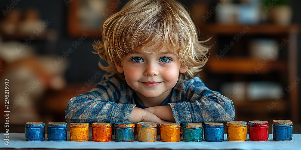 Portrait of a little boy drawing at a table