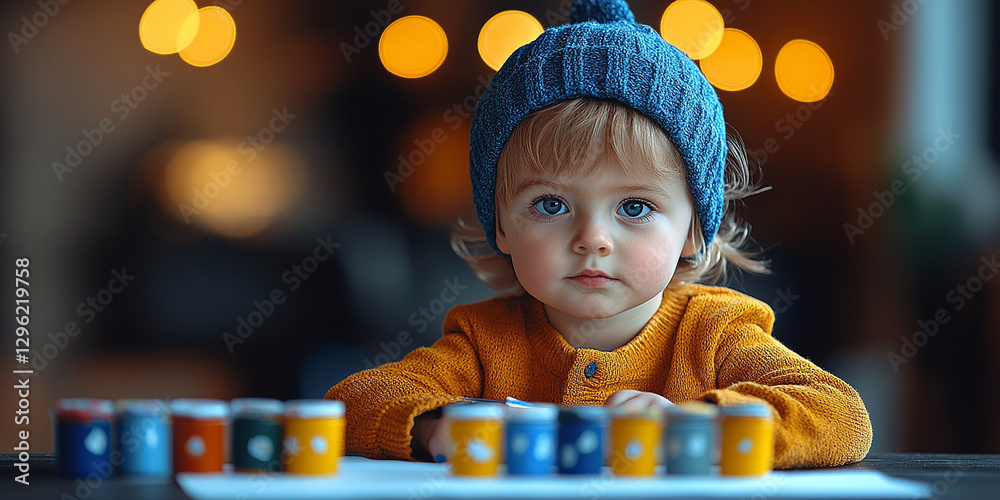 Portrait of a little boy drawing at a table