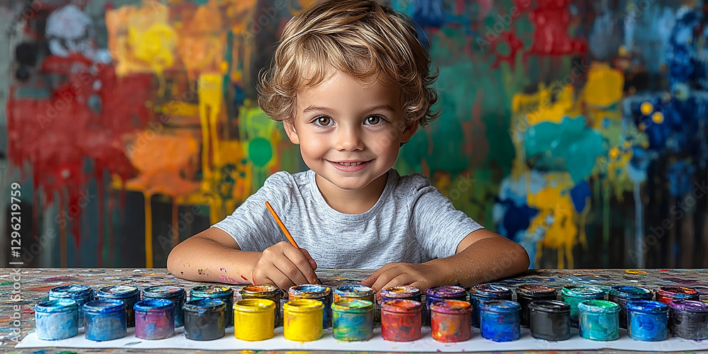 Portrait of a little boy drawing at a table