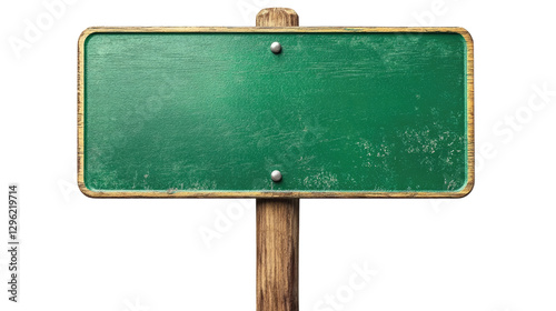 Green Blank Signpost: Rustic wooden signpost with a blank green metal sign, perfect for your message.