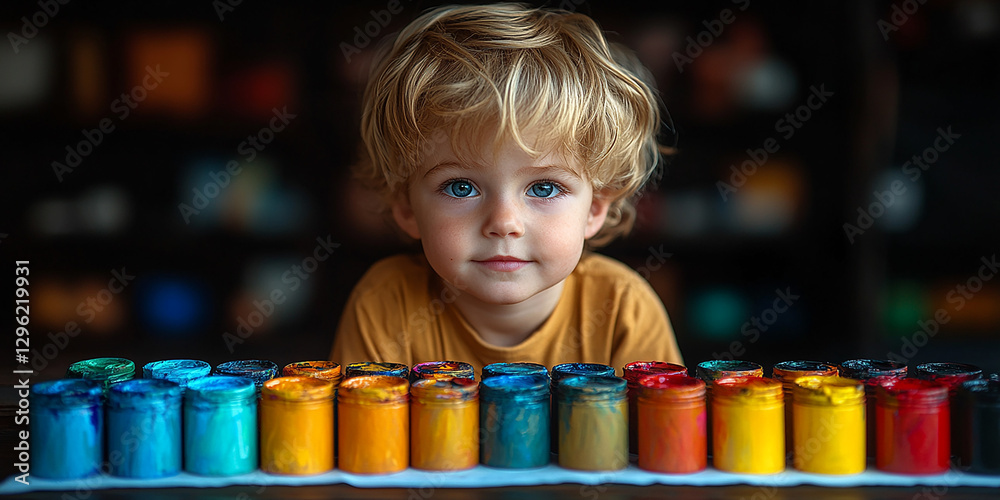 Portrait of a little boy drawing at a table