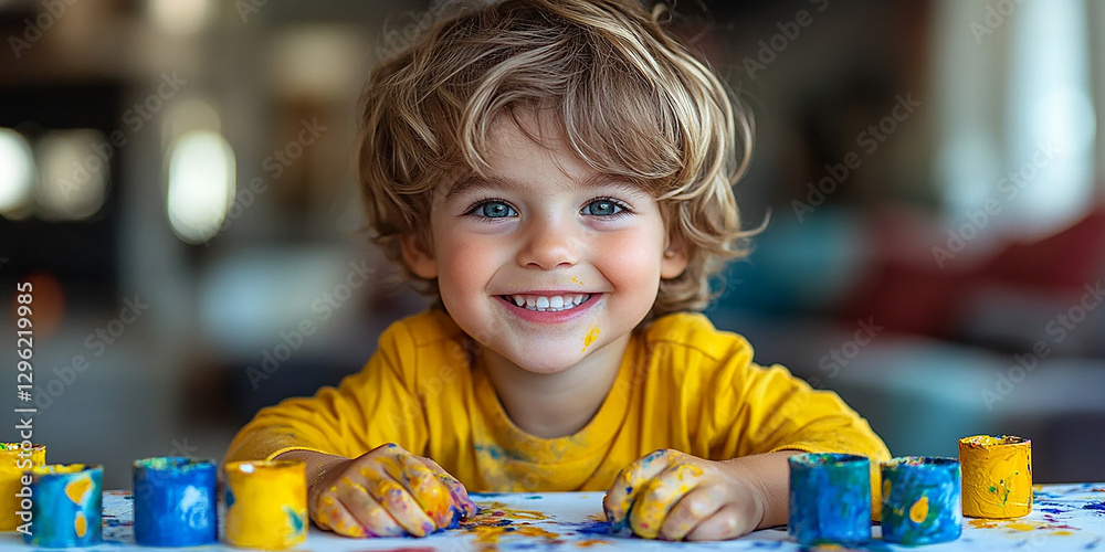 Portrait of a little boy drawing at a table