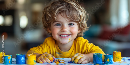 Portrait of a little boy drawing at a table
