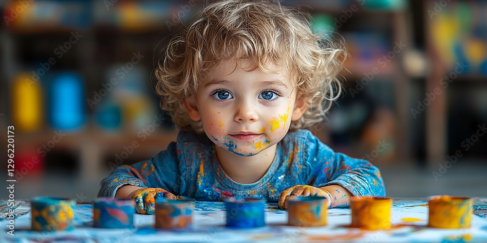 Portrait of a little boy drawing at a table