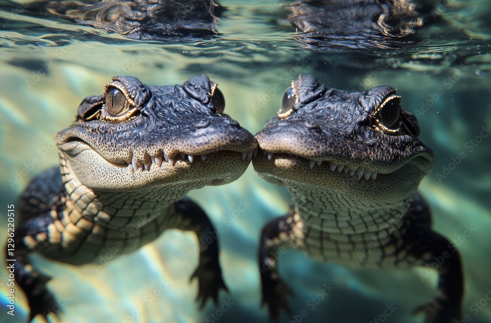 Fototapeta premium Two Alligators Swimming Together Underwater in Clear Water, Close-Up View with Focus on Eyes and Texture of Skin