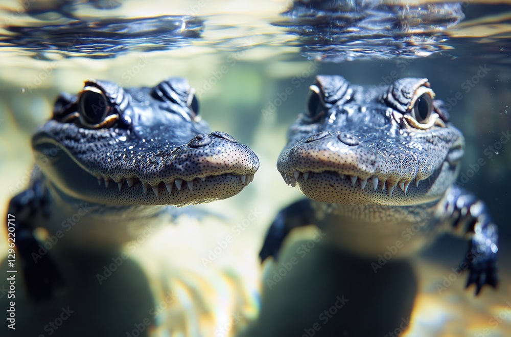 Fototapeta premium Two Alligators Underwater with Clear Reflection, Natural Habitat, Animal Behavior and Interaction Captured in Aquatic Environment, Wildlife Photography