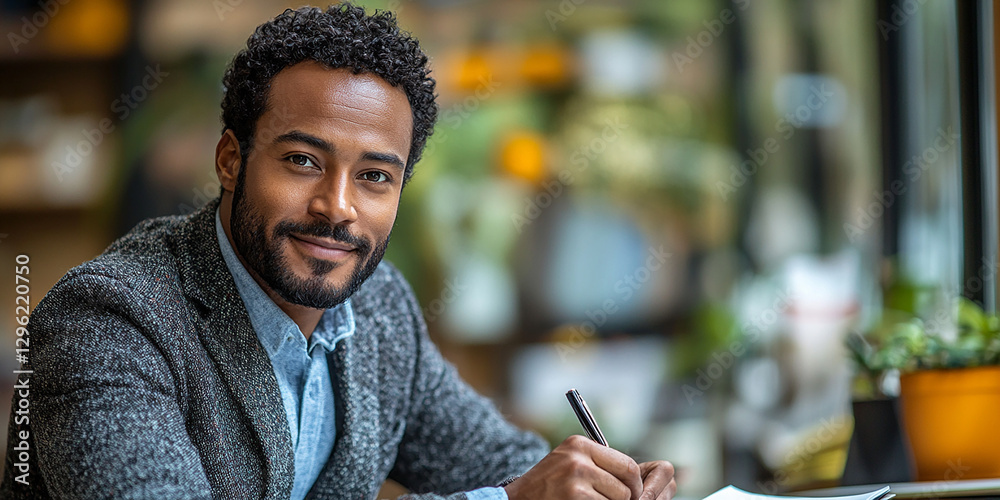 Portrait of a young businessman writing notes at his desk