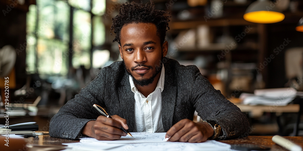 Portrait of a young businessman writing notes at his desk