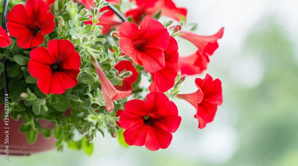 Obraz premium Red petunia flowers creating a colorful display in hanging basket
