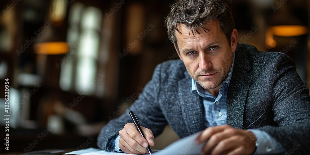 Portrait of a young businessman writing notes at his desk