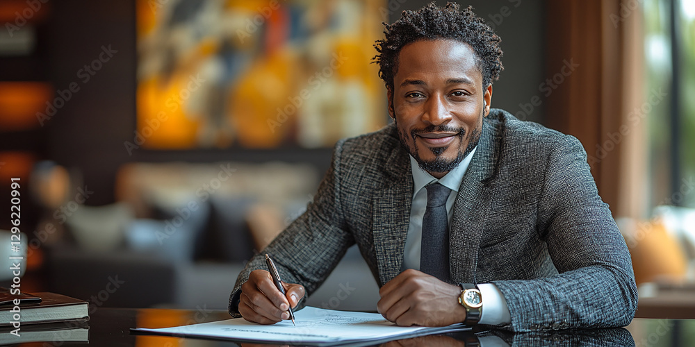 Portrait of a young businessman writing notes at his desk