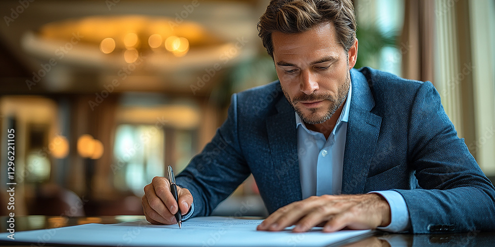 Portrait of a young businessman writing notes at his desk