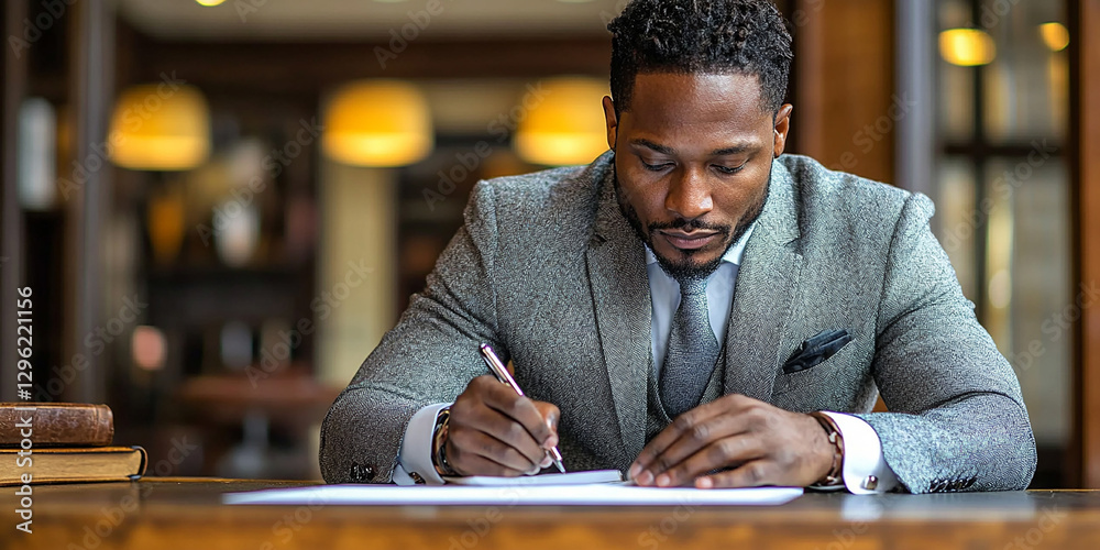 Portrait of a young businessman writing notes at his desk