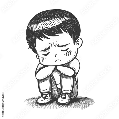 A Hand Drawn Sketch Of A Sad Boy Sitting With His Head Down