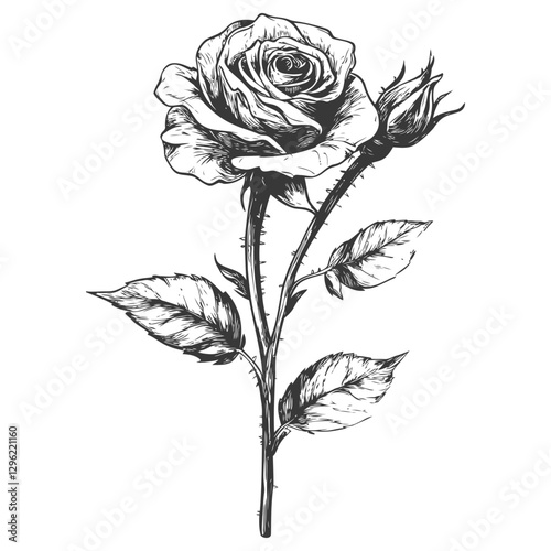 A Hand Drawn Sketch Of A Single Rose With Leaves And Thorns