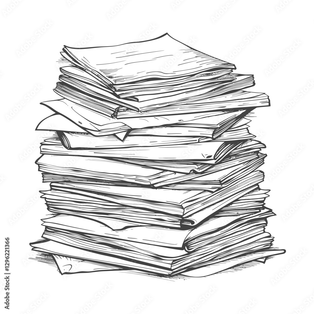 A Hand Drawn Sketch Of A Tall Stack Of Papers And Books
