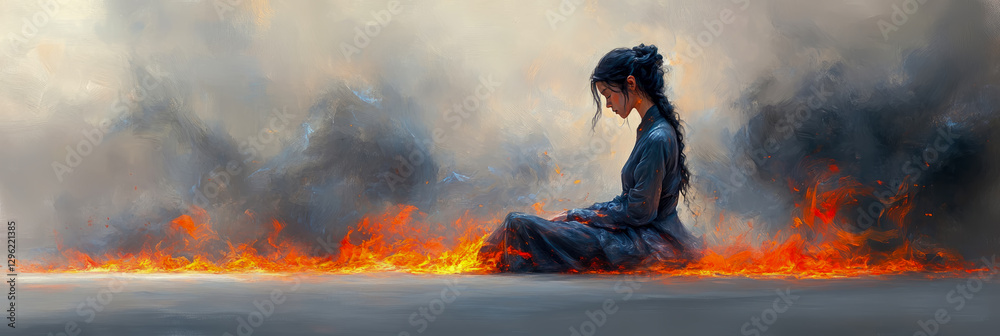 Obraz premium Contemplative Resilience: Woman in Tranquil Meditation Amidst Fiery Turmoil, Symbol of Inner Strength