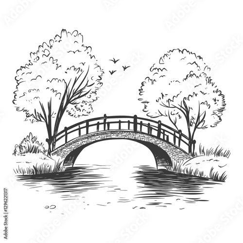 A Hand Drawn Sketch Of A Stone Bridge Over A River Flanked By Lush Trees