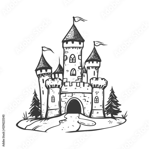 A Hand Drawn Sketch Of A Stone Castle With Three Towers And A Drawbridge