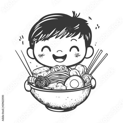 A Happy Child Holding A Bowl Of Noodle Soup