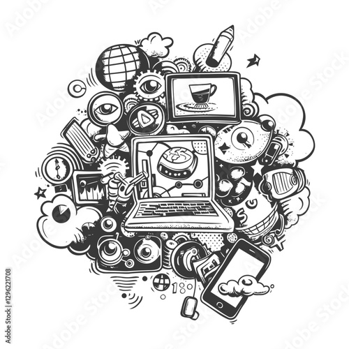 A Laptop Surrounded By Various Doodle Icons