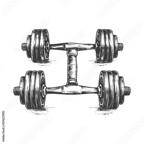 A Pair Of Dumbbells With Textured Plates And A T Shaped Bar