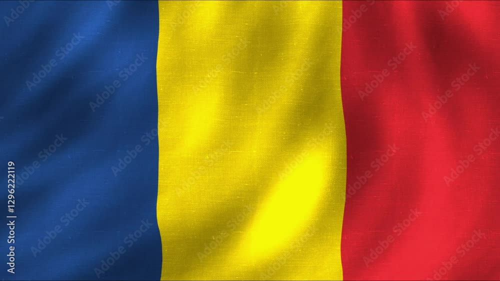 Romania national flag with fabric pattern moving in smooth waves Romania national flag with fabric pattern moving in smooth waves