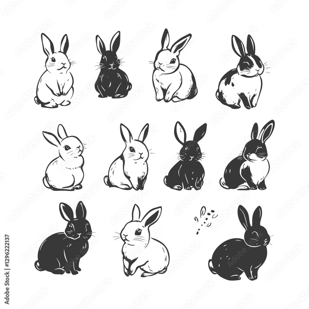 A Set Of Black And White Cartoon Rabbits Sitting On A White Background A Set Of Black And White Cartoon Rabbits Sitting On A White Background