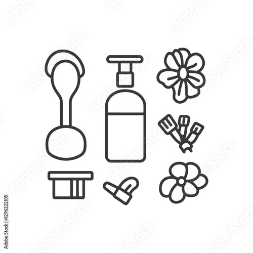 A Set Of Black Outline Illustrations Depicting Beauty And Skincare Tools And Products
