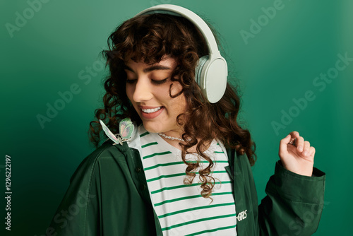 Wall Mural Stylish young woman enjoys music with headphones while a butterfly rests on her