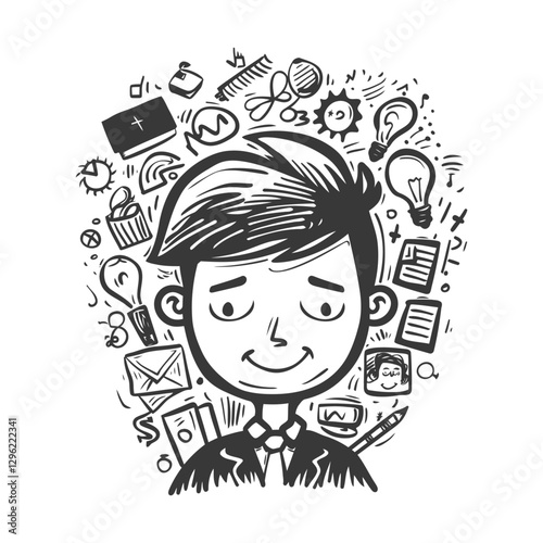 A Sketch Of A Person With A Busy Mind Surrounded By Objects