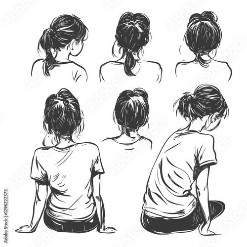 A Sketch Of A Woman In Various Poses From The Back