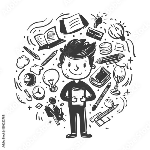 A Smiling Student Surrounded By Doodle School Supplies