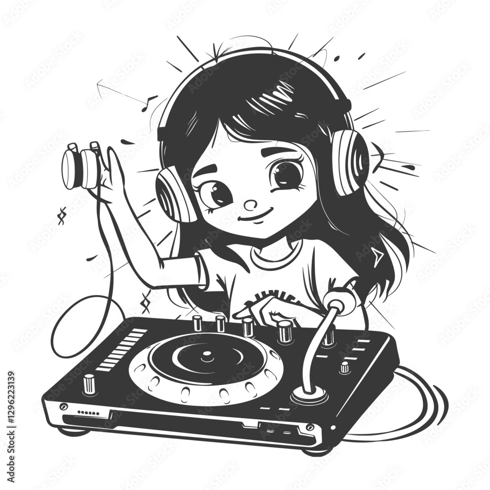 A Young Girl Djing With Headphones And Turntable A Young Girl Djing With Headphones And Turntable