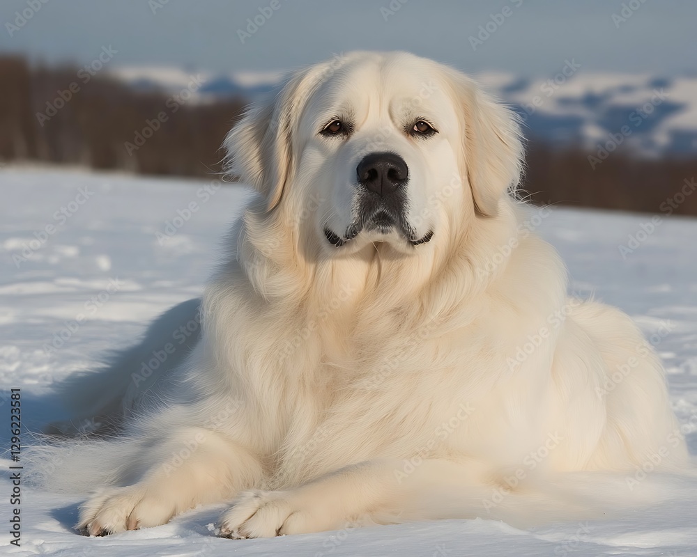 Dog Lying in Snow, Mountain View. Stock photo Dog Lying in Snow, Mountain View. Stock photo