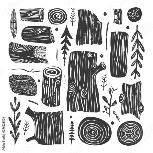 Black And White Illustration Of Wood Logs Branches And Tree Rings