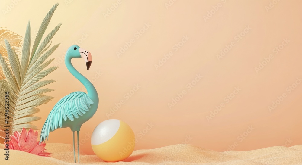 Obraz premium Tropical Flamingo with Beach Ball Against Soft Sand Background